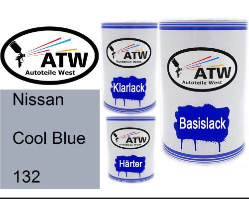 Nissan, Cool Blue, 132: 500ml Lackdose + 500ml Klarlack + 250ml Härter - Set, von ATW Autoteile West.